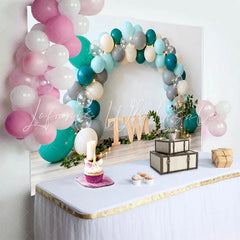 Lofaris Teal Grey Balloon Arch 2nd Birthday Cake Smash Backdrop Wooden Two Letter String Lights Party Background