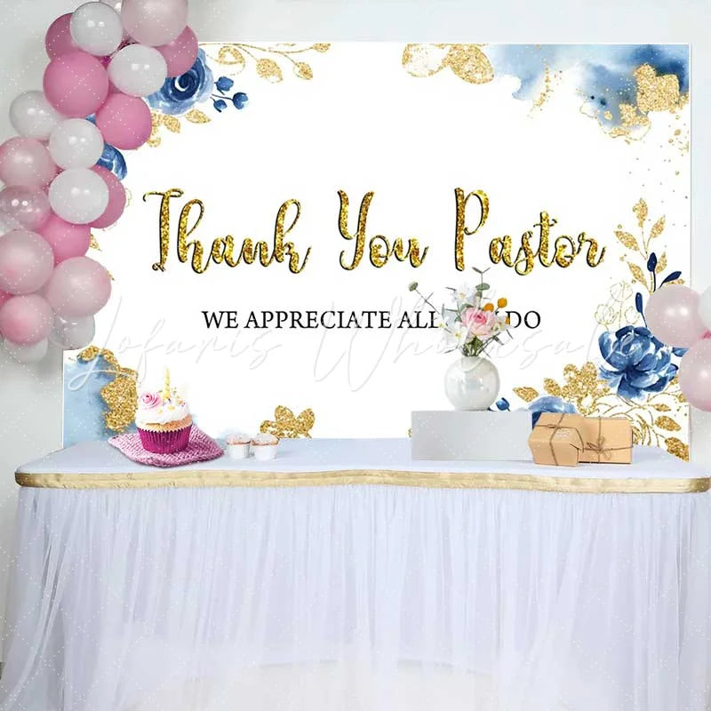 Lofaris Thank You Pastor Backdrop Blue Floral and Gold Glitter Appreciation Day Decoration for Church