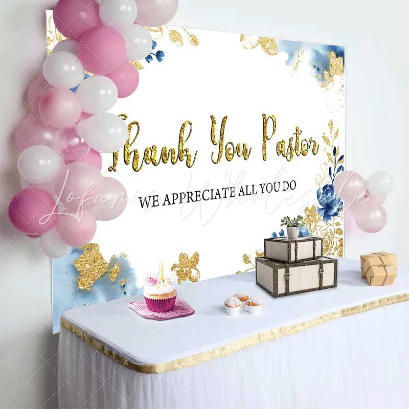 Lofaris Thank You Pastor Backdrop Blue Floral and Gold Glitter Appreciation Day Decoration for Church