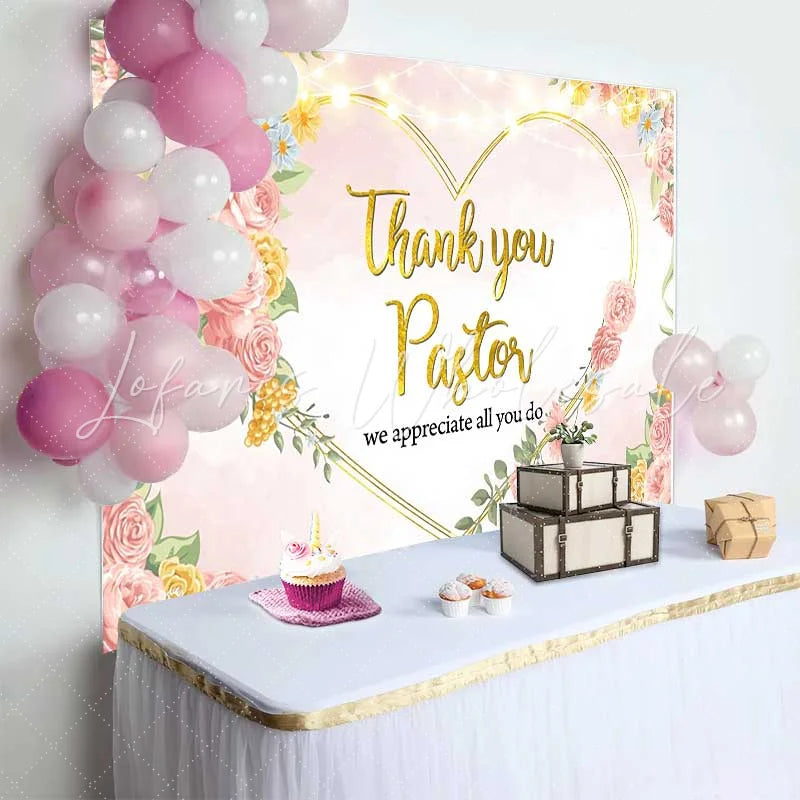 Lofaris Thank You Pastor Backdrop Pink Floral Heart with String Lights for Minister Appreciation Day