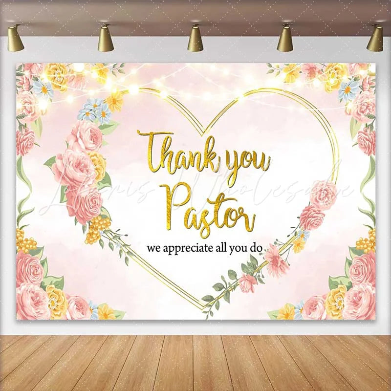 Lofaris Thank You Pastor Backdrop Pink Floral Heart with String Lights for Minister Appreciation Day