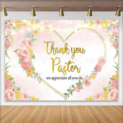 Lofaris Thank You Pastor Backdrop Pink Floral Heart with String Lights for Minister Appreciation Day