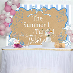 Lofaris The Summer I Turned Thirteen Beach Birthday Backdrop with Seashells and Starfish Blue Striped for Teen Girl Party