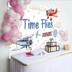 Lofaris Time Flies First Birthday Photography Backdrop Vintage Airplane and Cloud Photo Background