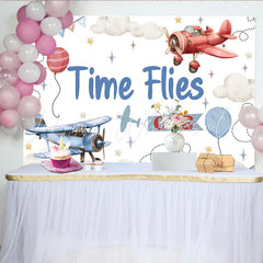 Lofaris Time Flies First Birthday Photography Backdrop Vintage Airplane and Cloud Photo Background