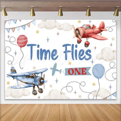 Lofaris Time Flies First Birthday Photography Backdrop Vintage Airplane and Cloud Photo Background