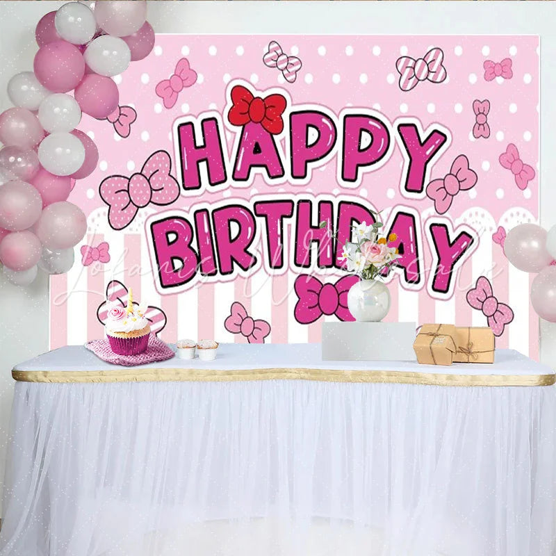 Lofaris Toile de fond joyeux anniversaire rose à pois et rayures avec nœuds papillon pour fête de fille