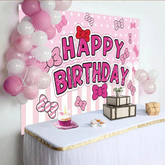 Lofaris Toile de fond joyeux anniversaire rose à pois et rayures avec nœuds papillon pour fête de fille