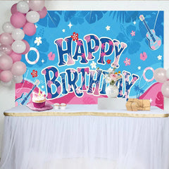 Lofaris Toile de fond joyeux anniversaire tropicale avec palmiers et fleurs ukulélés et bouées décoration de fête d’été