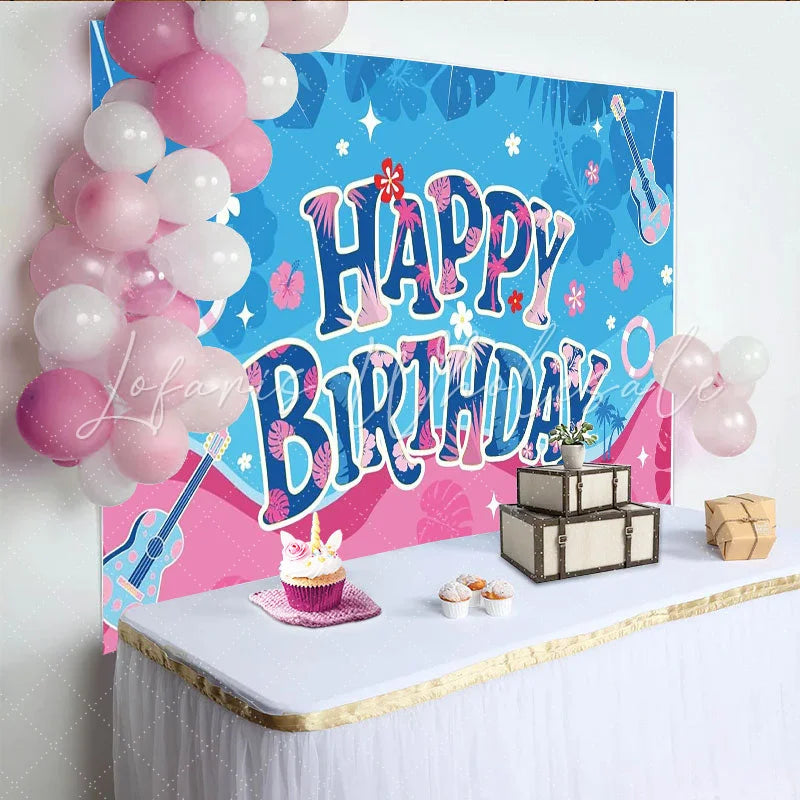Lofaris Toile de fond joyeux anniversaire tropicale avec palmiers et fleurs ukulélés et bouées décoration de fête d’été