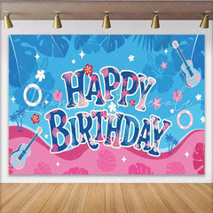 Lofaris Toile de fond joyeux anniversaire tropicale avec palmiers et fleurs ukulélés et bouées décoration de fête d’été
