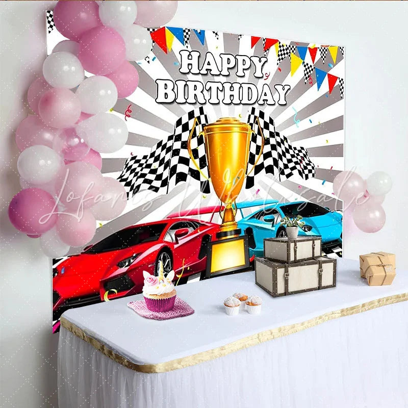 Lofaris Toile de fond joyeux anniversaire voitures de course et drapeaux à damier trophée de course pour fête d’enfants