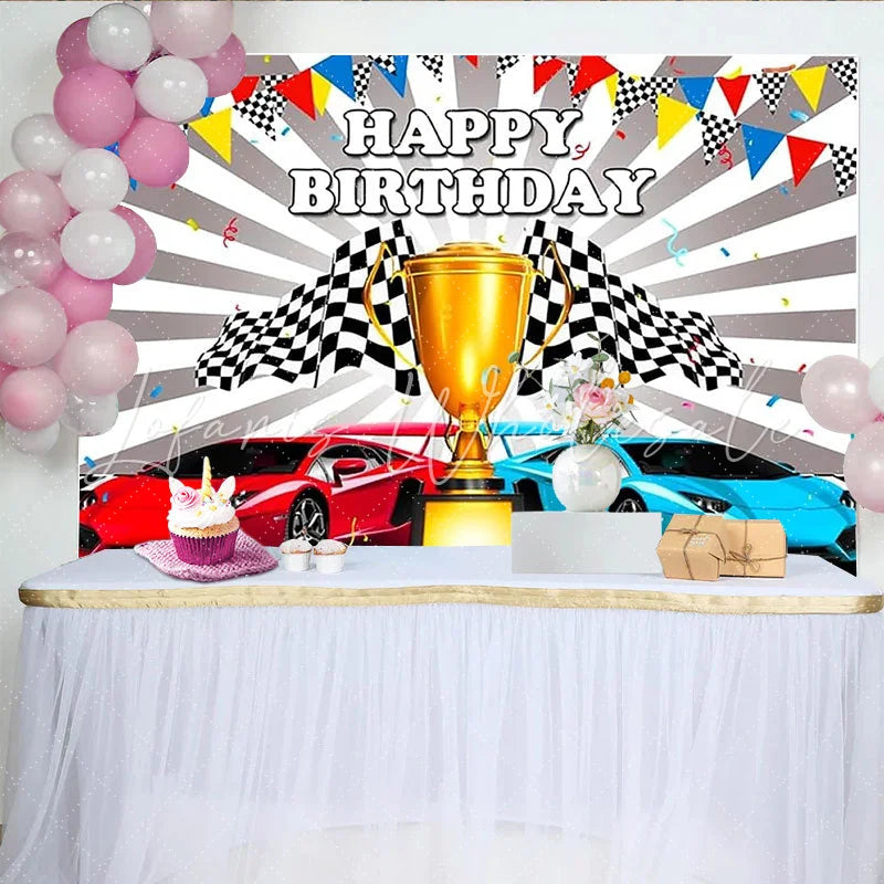 Lofaris Toile de fond joyeux anniversaire voitures de course et drapeaux à damier trophée de course pour fête d’enfants