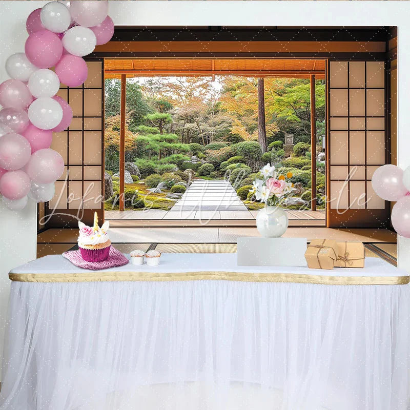 Lofaris Traditional Japanese Room with Serene Garden Photography Backdrop Autumn Nature Landscape Background for Studio Photoshoot