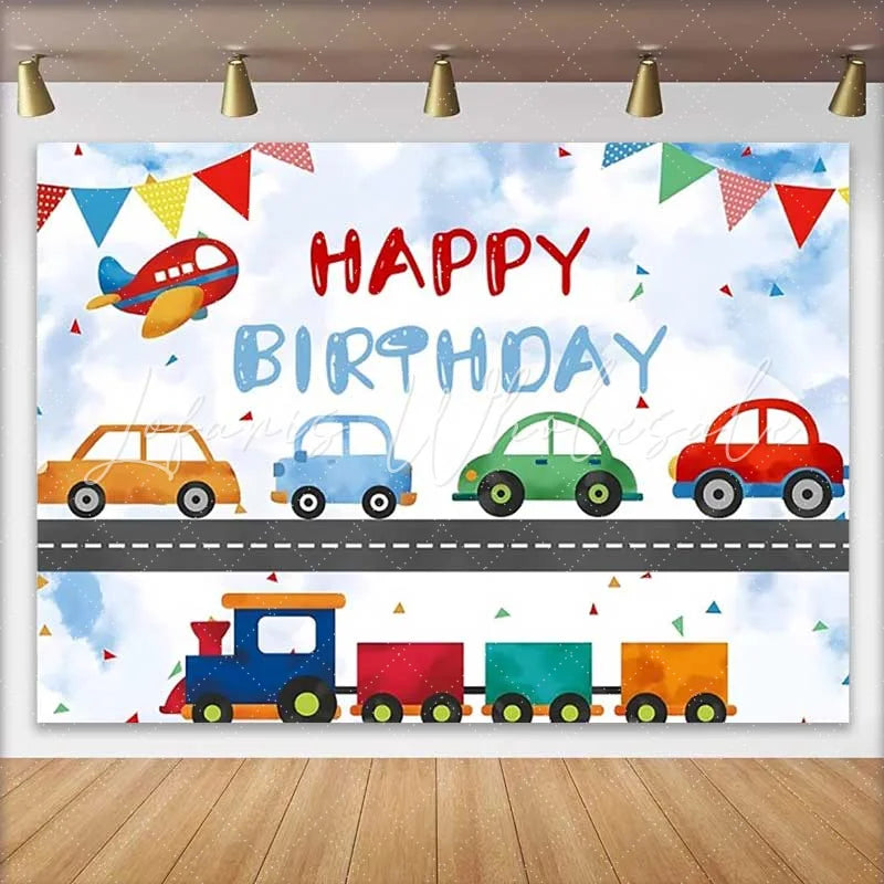 Lofaris Transportation Happy Birthday Backdrop Cartoon Airplane Train Cars Boys Party Photography Background