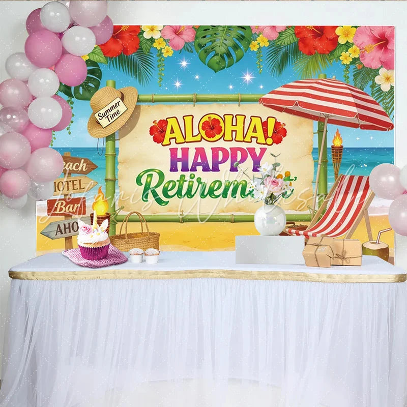 Lofaris Tropical Aloha Happy Retirement Backdrop with Beach and Summer Vibes Vibrant Party Background for Celebration Photoshoot Decor
