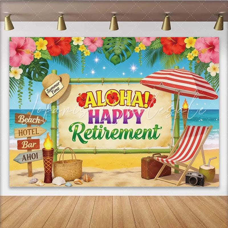 Lofaris Tropical Aloha Happy Retirement Backdrop with Beach and Summer Vibes Vibrant Party Background for Celebration Photoshoot Decor