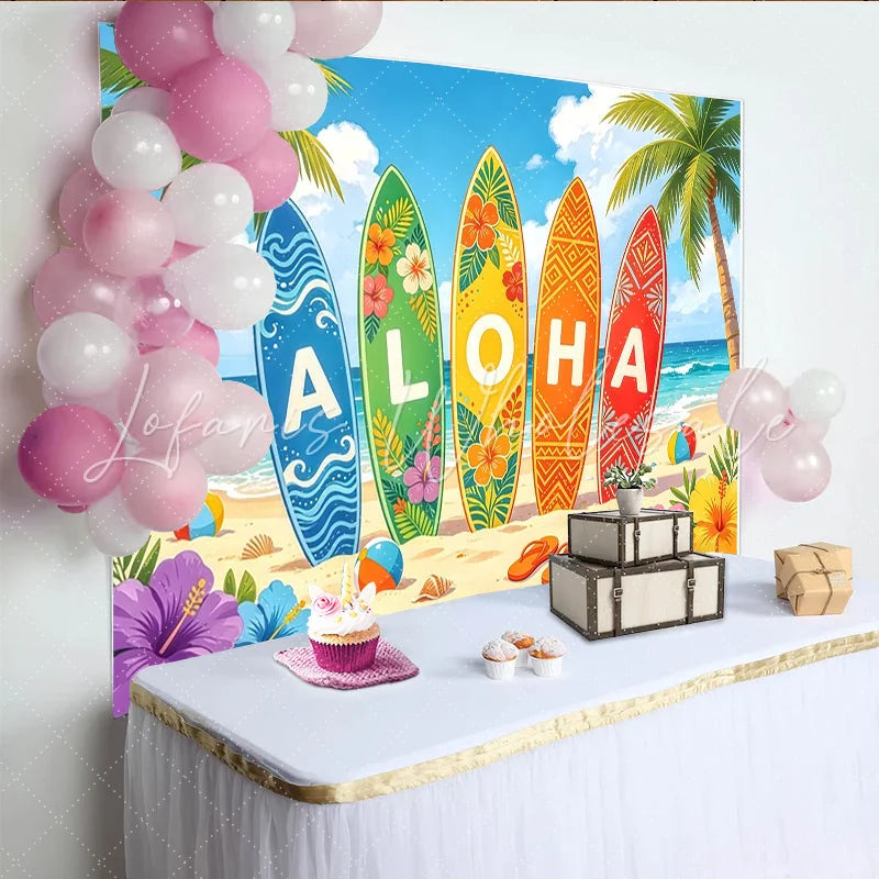 Lofaris Tropical Aloha Surfboard Photography Backdrop with Palm Trees Vibrant Summer Beach Background for Luau Party Decor and Photoshoot