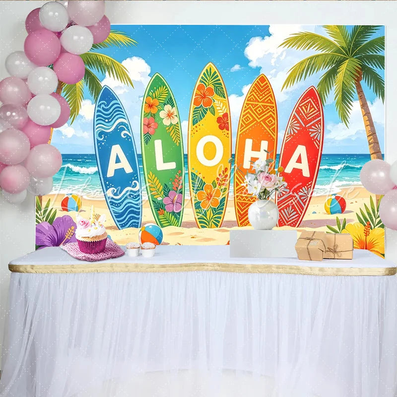 Lofaris Tropical Aloha Surfboard Photography Backdrop with Palm Trees Vibrant Summer Beach Background for Luau Party Decor and Photoshoot