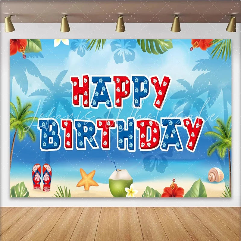 Lofaris Tropical Beach Birthday Backdrop with Palm Trees and Hibiscus Flowers Summer Party Background for Photoshoot Decor