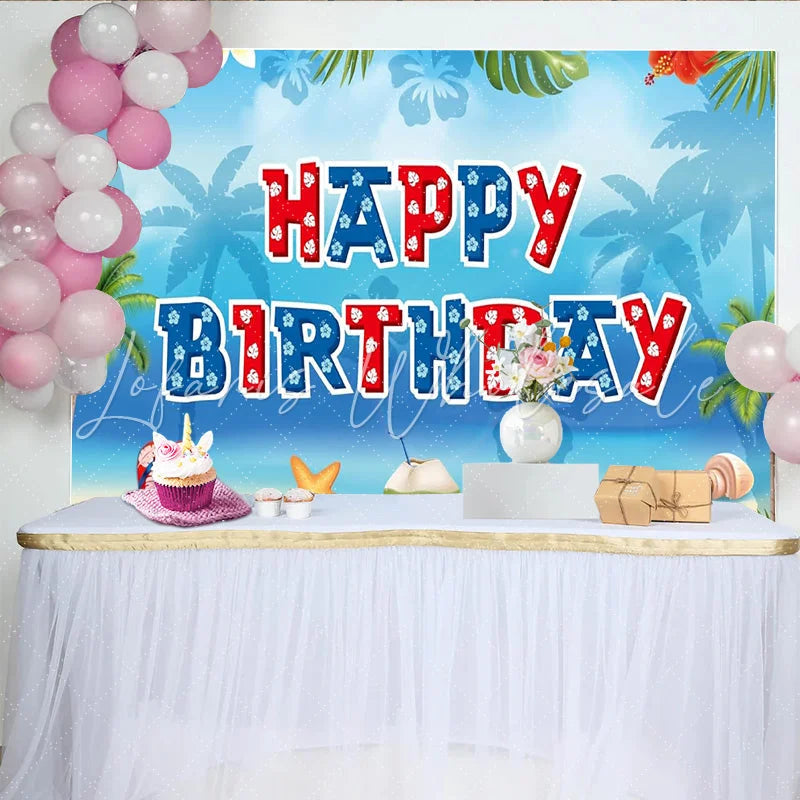 Lofaris Tropical Beach Birthday Backdrop with Palm Trees and Hibiscus Flowers Summer Party Background for Photoshoot Decor