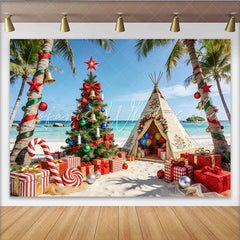 Lofaris Tropical Beach Christmas Backdrop with Decorated Palm Trees Festive Holiday Photography Background for Party Decor