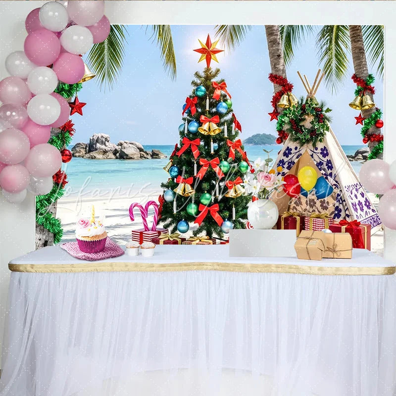 Lofaris Tropical Beach Christmas Backdrop with Palm Trees and Decorated Tree Festive Holiday Background for Winter Vacation Party