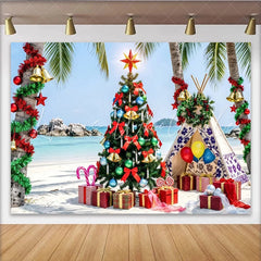 Lofaris Tropical Beach Christmas Backdrop with Palm Trees and Decorated Tree Festive Holiday Background for Winter Vacation Party