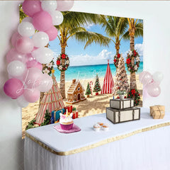 Lofaris Tropical Beach Christmas Backdrop with Palm Trees and Gingerbread House Festive Holiday Background for Party Decoration
