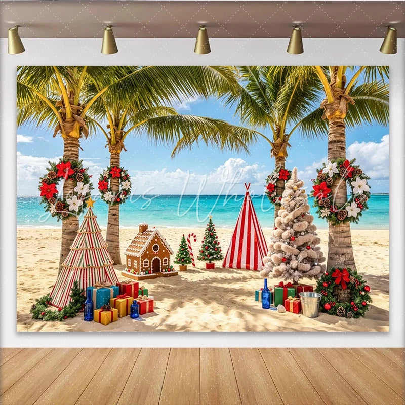 Lofaris Tropical Beach Christmas Backdrop with Palm Trees and Gingerbread House Festive Holiday Background for Party Decoration