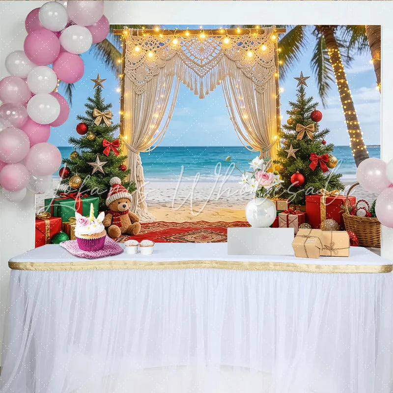 Lofaris Tropical Beach Christmas Backdrop with Palm Trees and Macrame Arch Festive Photography Background for Holiday and Party Decoration