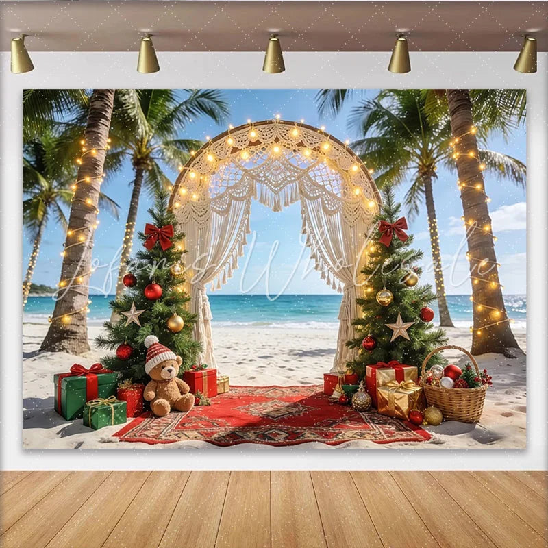 Lofaris Tropical Beach Christmas Backdrop with Palm Trees and Macrame Arch Festive Holiday Photography Background for Winter Party Decor