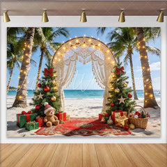 Lofaris Tropical Beach Christmas Backdrop with Palm Trees and Macrame Arch Festive Holiday Photography Background for Winter Party Decor