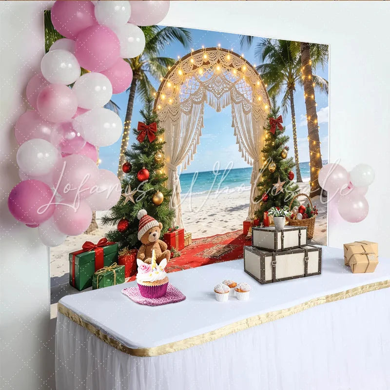 Lofaris Tropical Beach Christmas Backdrop with Palm Trees and Macrame Arch Festive Holiday Photography Background for Winter Party Decor