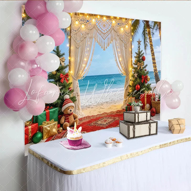 Lofaris Tropical Beach Christmas Backdrop with Palm Trees and Macrame Arch Festive Photography Background for Holiday and Party Decoration