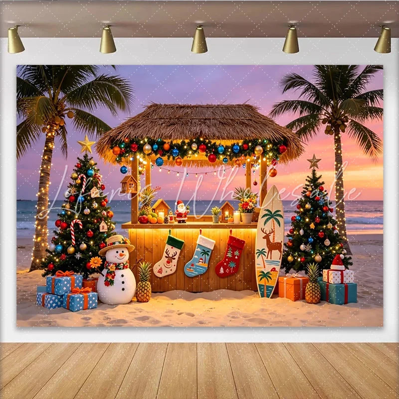Lofaris Tropical Beach Christmas Backdrop with Palm Trees and Tiki Bar Festive Holiday Background for Winter Vacation Party