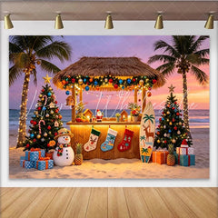 Lofaris Tropical Beach Christmas Backdrop with Palm Trees and Tiki Bar Festive Holiday Background for Winter Vacation Party