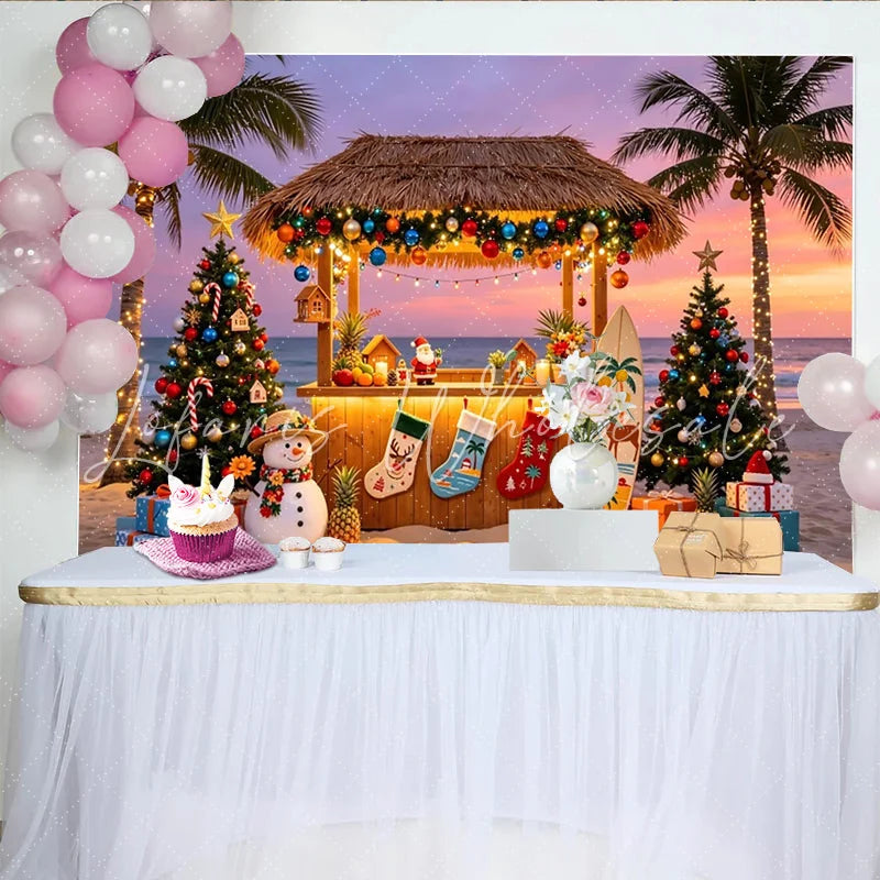 Lofaris Tropical Beach Christmas Backdrop with Palm Trees and Tiki Bar Festive Holiday Background for Winter Vacation Party