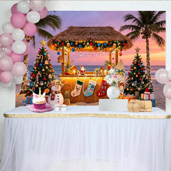 Lofaris Tropical Beach Christmas Backdrop with Palm Trees and Tiki Bar Festive Holiday Background for Winter Vacation Party