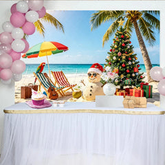 Lofaris Tropical Beach Christmas Backdrop with Snowman and Palm Trees Festive Holiday Scene Background for Party Decor and Photography.