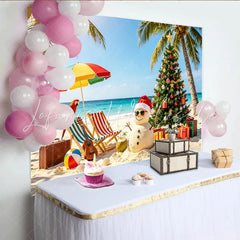 Lofaris Tropical Beach Christmas Backdrop with Snowman and Palm Trees Festive Holiday Scene Background for Party Decor and Photography.