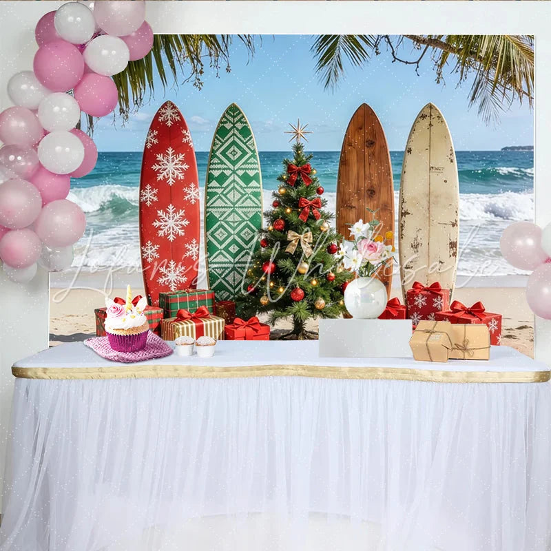 Lofaris Tropical Beach Christmas Backdrop with Surfboards and Presents Festive Holiday Background for Winter Vacation Party Decor