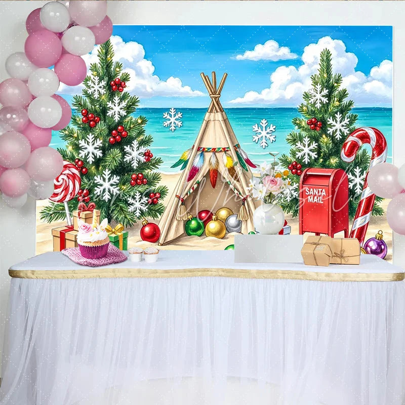 Lofaris Tropical Beach Christmas Backdrop with Teepee and Presents Festive Holiday Background for Winter Beach Party Photography