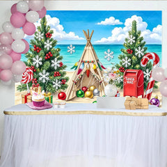 Lofaris Tropical Beach Christmas Backdrop with Teepee and Presents Festive Holiday Background for Winter Beach Party Photography