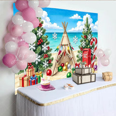 Lofaris Tropical Beach Christmas Backdrop with Teepee and Presents Festive Holiday Background for Winter Beach Party Photography