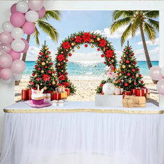 Lofaris Tropical Beach Christmas Holiday Backdrop with Palm Trees and Poinsettias Festive Red and Gold Decor for Winter Vacation Photography