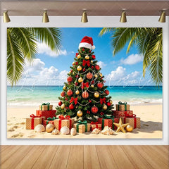 Lofaris Tropical Beach Christmas Tree Backdrop with Gifts and Palm Trees Festive Holiday Background for Summer Party Decoration