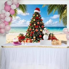 Lofaris Tropical Beach Christmas Tree Backdrop with Gifts and Palm Trees Festive Holiday Background for Summer Party Decoration