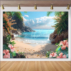 Lofaris Tropical Beach Photography Backdrop with Blue Ocean and Palm Trees Scenic Nature Background for Summer Vacation Photoshoot