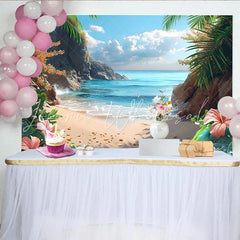 Lofaris Tropical Beach Photography Backdrop with Blue Ocean and Palm Trees Scenic Nature Background for Summer Vacation Photoshoot